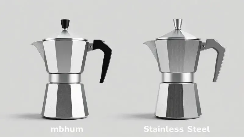Ilustração comparativa de cafeteiras italianas em alumínio e aço inox, destacando diferenças de materiais.
