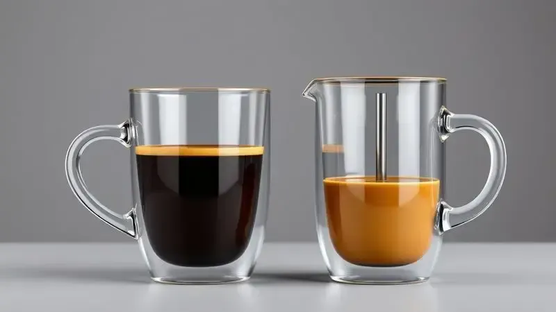 Comparação visual do café extraído na cafeteira italiana versus prensa francesa mostrando diferenças de corpo e cor.