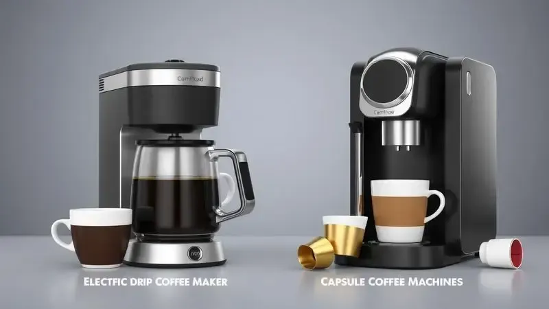 Comparação conceitual entre cafeteira elétrica tradicional e máquina de café por cápsulas, ilustrando diferenças nos sistemas.