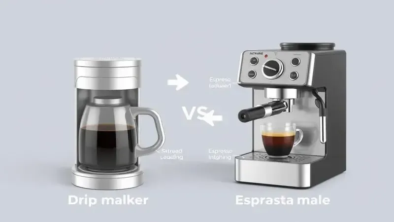 Ilustração comparativa entre cafeteira elétrica e máquina de espresso mostrando diferenças.