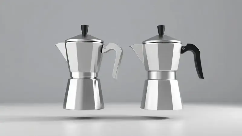 Comparação visual entre cafeteiras italiana de inox polido e alumínio escovado, destacando diferenças de material.