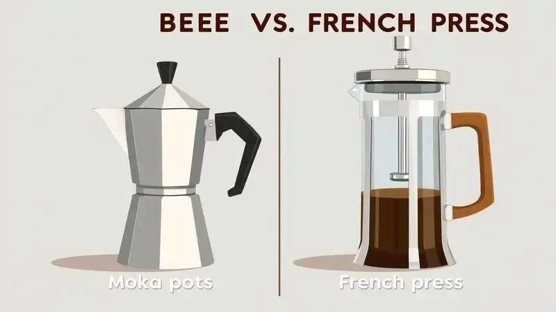 Comparação visual entre cafeteira italiana e prensa francesa na preparação de café.