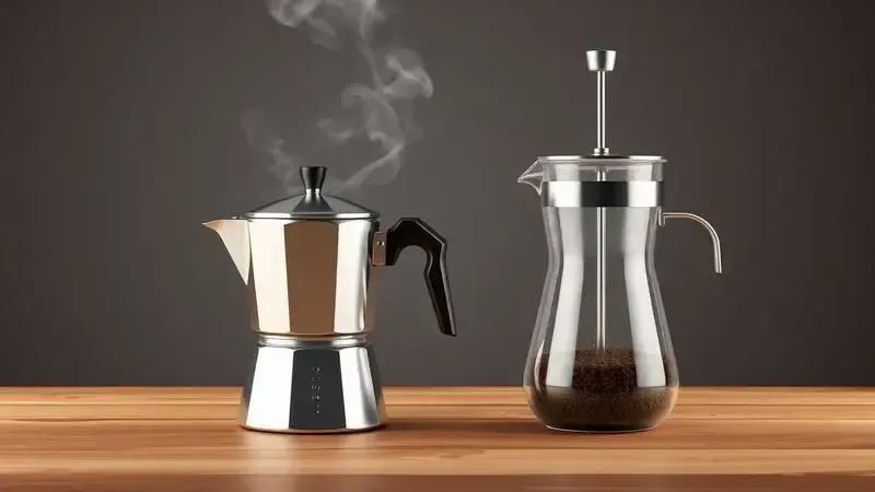 Ilustração conceitual comparando uma cafeteira italiana e uma cafeteira francesa lado a lado.