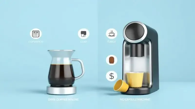 Ilustração digital comparando conceitualmente cafeteira de pó e de cápsula em termos de custo, sabor e praticidade