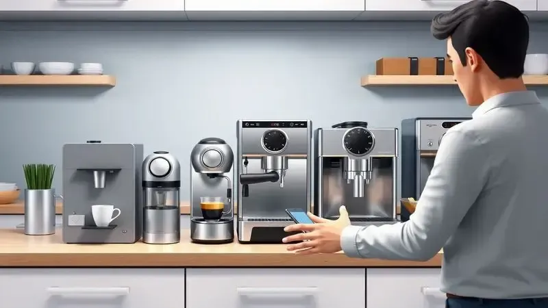 Ilustração comparativa de diferentes tipos de cafeteiras expresso para escolha ideal na cozinha