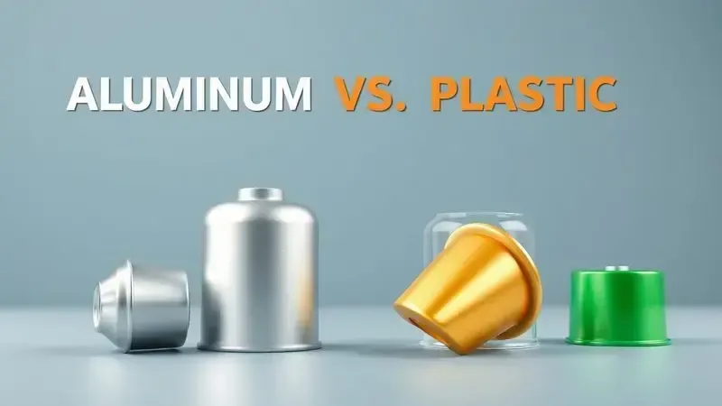 Ilustração 3D comparando cápsulas de alumínio e plástico, mostrando diferenças de qualidade e preservação