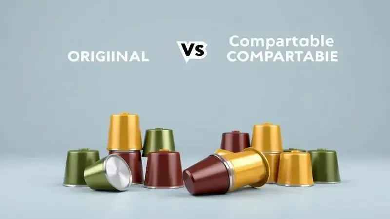 Ilustração conceitual comparando cápsulas de café originais e compatíveis para cafeteiras de cápsula.
