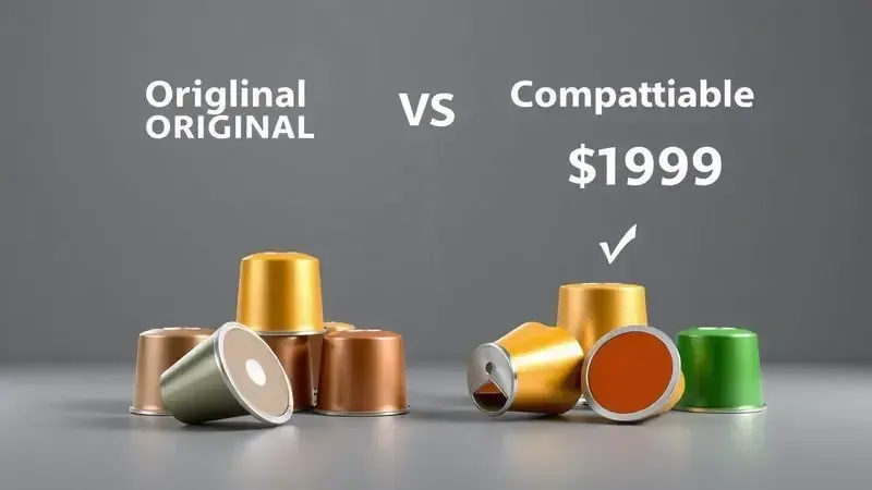 Ilustração comparativa conceitual entre cápsulas originais e compatíveis mostrando diferenças de preço e perfil de sabor.