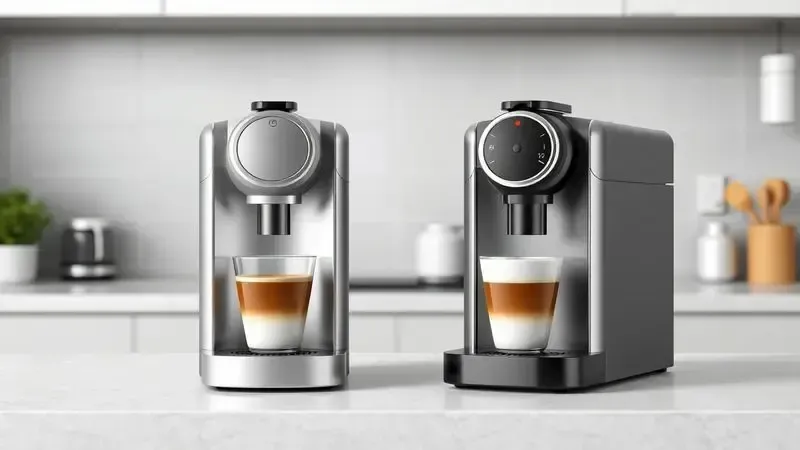 Comparação visual conceitual entre dois sistemas diferentes de preparo de café com cápsulas