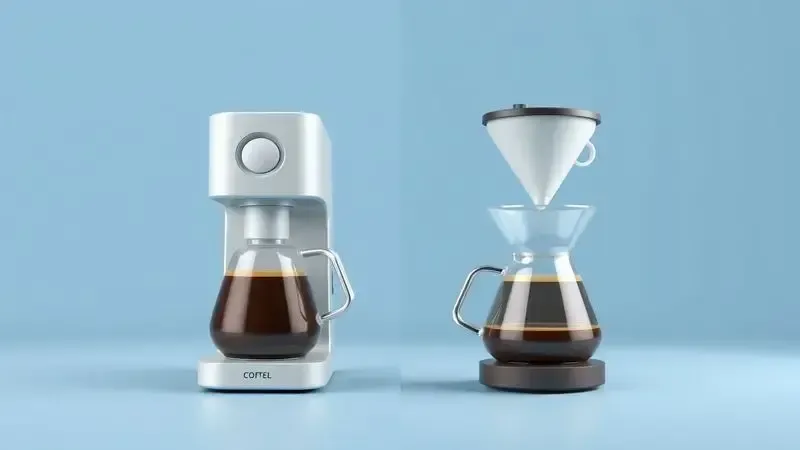 Ilustração conceitual comparando métodos automatizados e manuais de preparo de café com composição limpa.