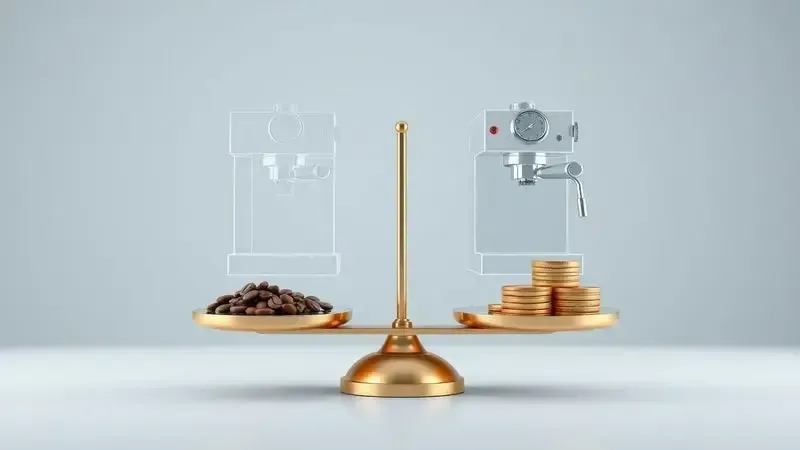 Ilustração conceitual de comparação de custo-benefício entre marcas de cafeteiras espresso