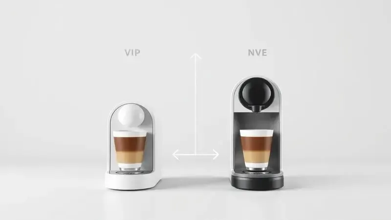 Cena conceitual ilustrando processo de comparação e escolha entre diferentes modelos de cafeteiras de cápsula.