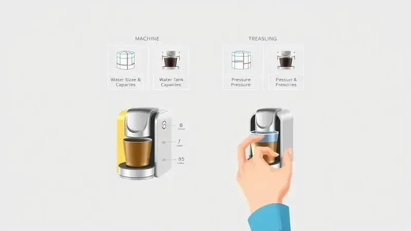 Ilustração conceitual mostrando comparação visual de fatores para escolher uma cafeteira de cápsula, como tamanho, pressão e capacidade