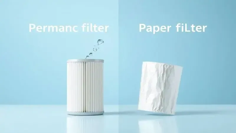Comparação conceitual entre filtro permanente reutilizável e filtro de papel descartável.