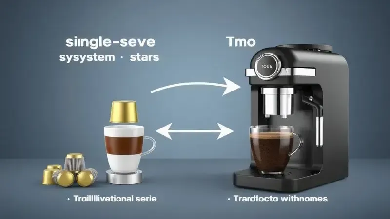 Ilustração 3D comparando funcionamento de cafeteiras de cápsulas e pó tradicional