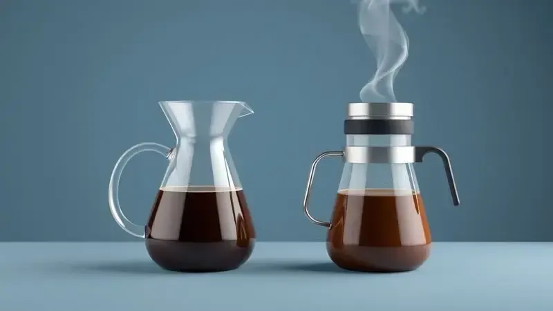 Ilustração comparativa entre jarra de vidro e jarra térmica para café, mostrando diferenças na conservação de temperatura.