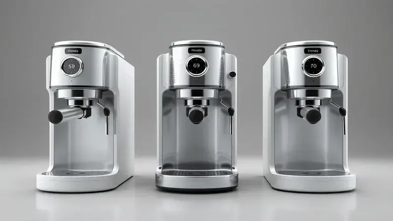 Visualização conceitual comparativa de três modelos de cafeteiras, mostrando diferenças em design e características de forma abstrata