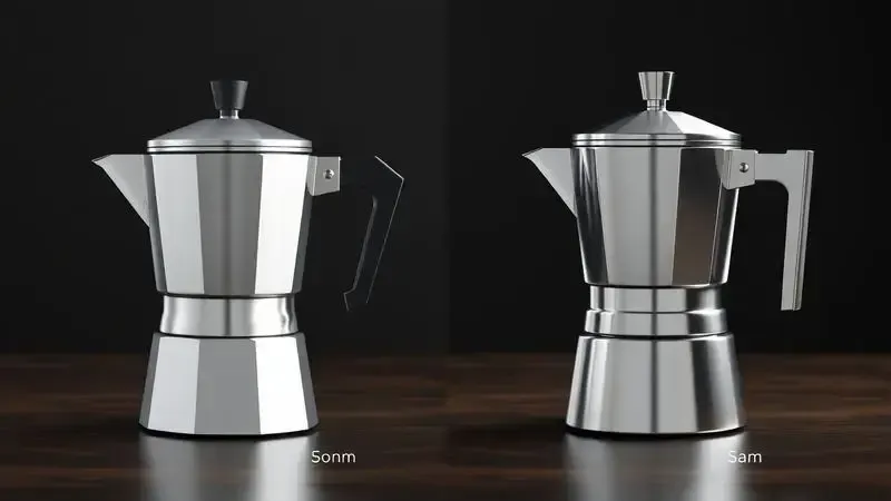 Comparação visual entre cafeteiras italiana de alumínio e aço inox, destacando diferenças de material e acabamento.