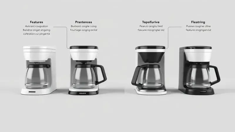 Comparação visual de diferentes modelos conceituais de cafeteiras em fundo neutro.