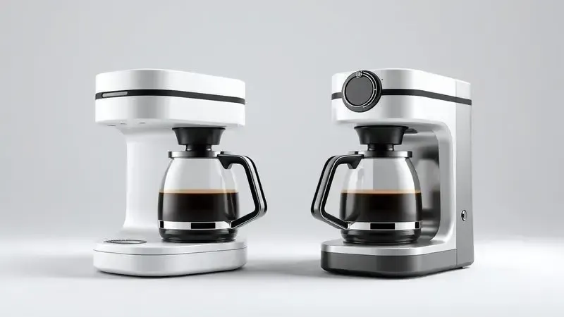 Ilustração 3D comparativa de modelos conceituais de cafeteiras elétricas