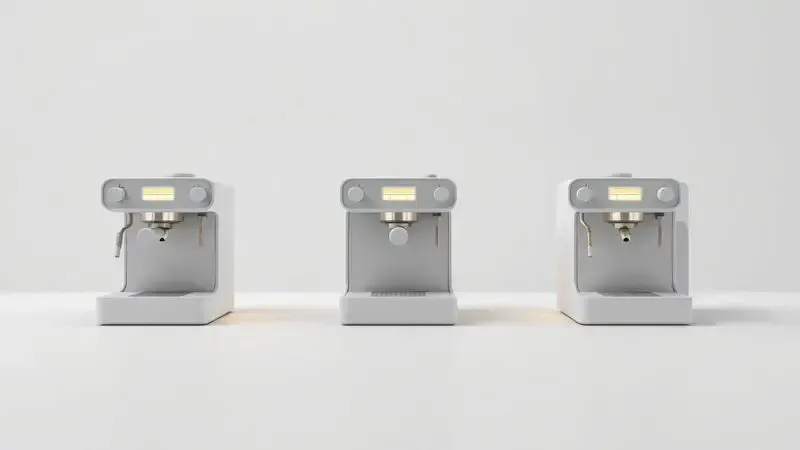 Cena de comparação conceitual entre diferentes modelos de máquinas de café espresso.