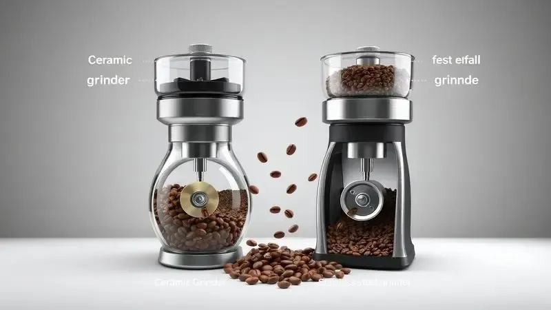 Ilustração comparativa mostrando diferenças entre moedores de cerâmica e aço inox em corte transversal para cafeteiras