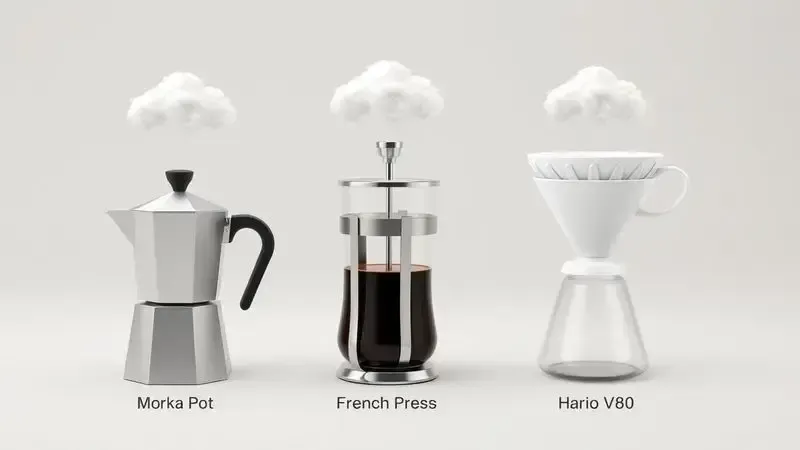 Comparação ilustrativa entre os métodos de preparo: cafeteira italiana, prensa francesa e Hario V60, mostrando diferenças conceituais no sabor.