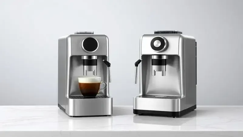 Ilustração conceitual comparando duas máquinas de café compactas em cápsulas lado a lado