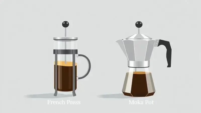 Comparação visual entre os métodos de preparo da prensa francesa e da cafeteira italiana moka.