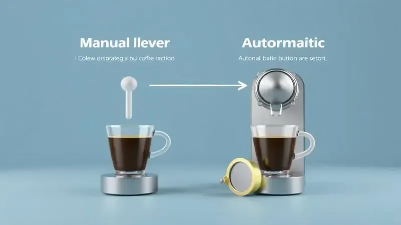 Ilustração comparativa entre preparo manual e automático em cafeteiras de cápsulas