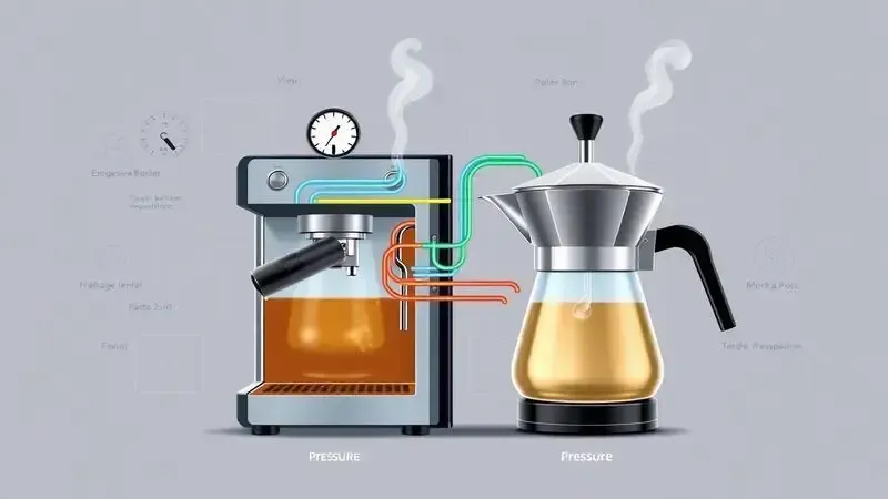 Ilustração mostrando comparação de pressão entre máquina de espresso e cafeteira italiana com fluxos de água.