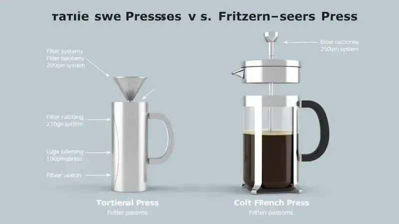 Comparação visual entre cafeteira pressca portátil e prensa francesa tradicional mostrando diferenças de tamanho e mecanismos