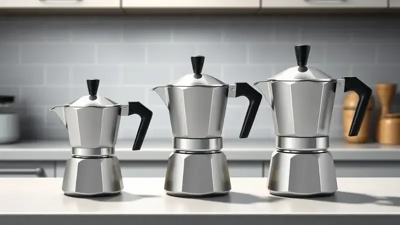 Comparação visual de três tamanhos diferentes de cafeteiras italianas lado a lado