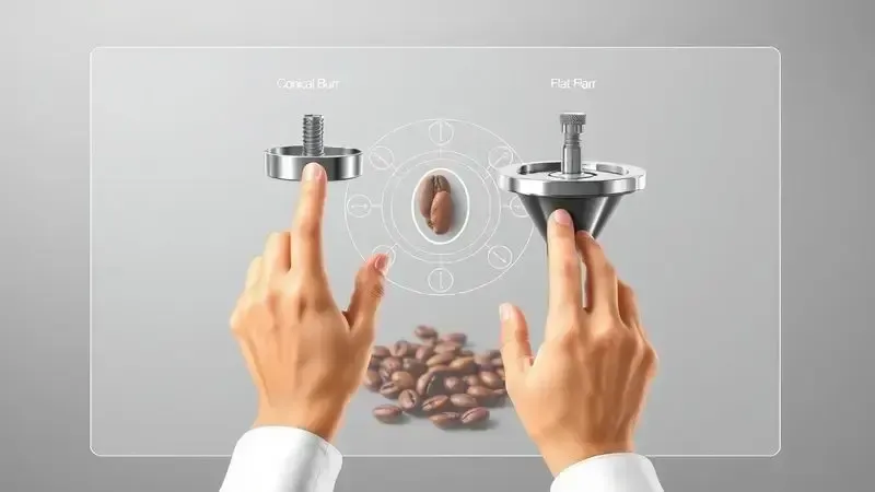 Ilustração conceitual comparando tipos de moedores em uma interface transparente para escolha de cafeteira.
