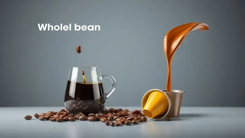 Ilustração conceitual comparativa entre o processo de café em grão e sistema de cápsulas descartáveis.