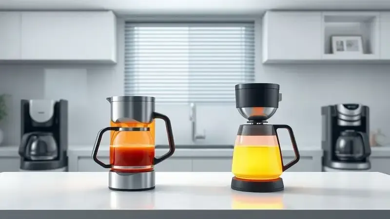 Ilustração conceitual de cafeteira térmica moderna versus máquinas tradicionais em cozinha minimalista.