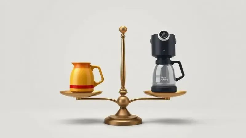 Ilustração conceitual de balança com representações abstratas de cafeteiras, simbolizando comparação.