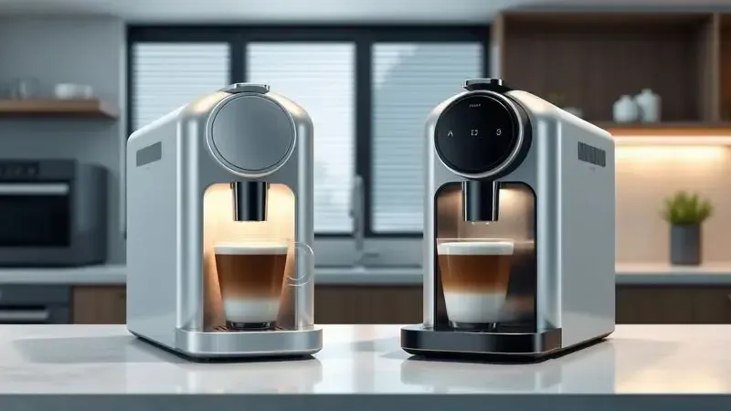 Comparativo visual entre duas cafeteiras de cápsulas modernas lado a lado em ambiente de cozinha conceitual