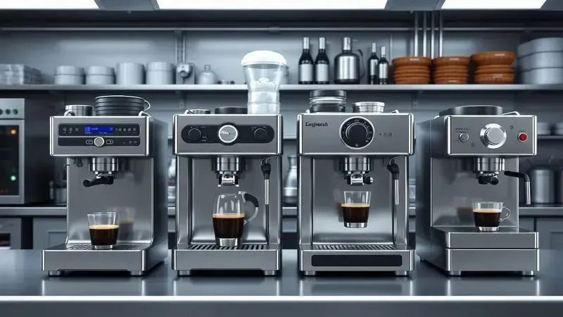 Ambiente de cozinha comercial com diferentes sistemas de preparo de café para comparação de volumes de produção