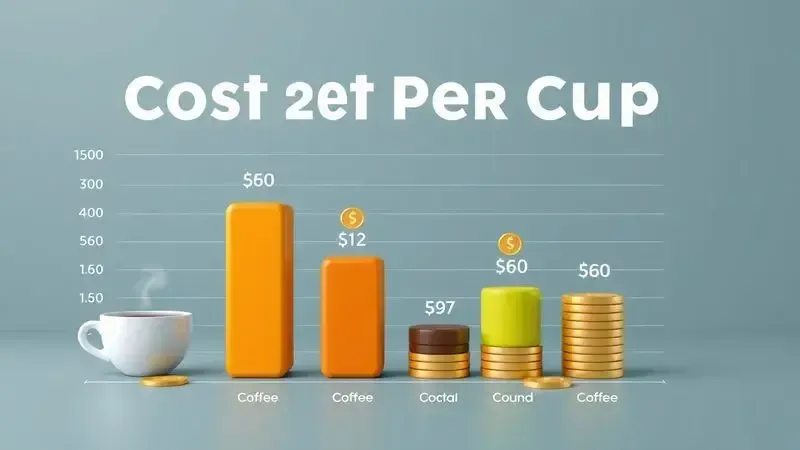 Ilustração de gráfico comparando custo por xícara de diferentes tipos de café, com ícones de xícaras e moedas.