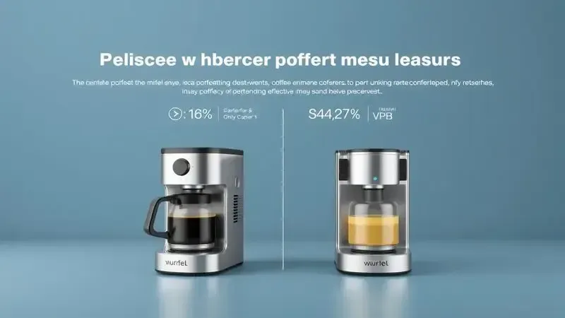 Ilustração 3D conceitual comparando desempenho e características de cafeteiras elétricas.
