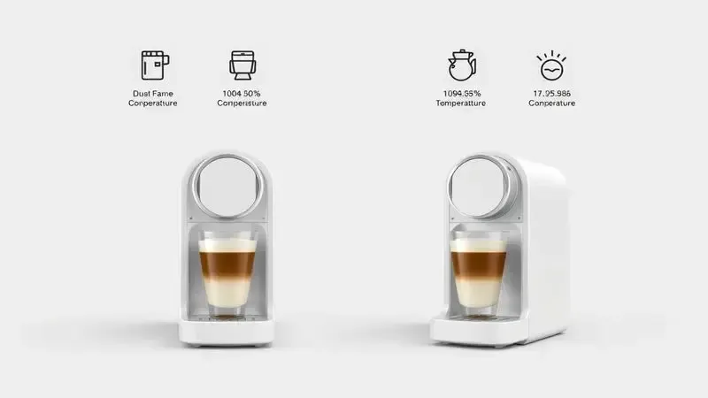 Ilustração comparativa de duas máquinas de café de cápsula conceituais com ícones de características principais.