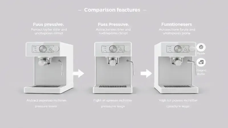 Ilustração conceitual de comparação entre modelos de cafeteira com destaque para pressão e capacidade.