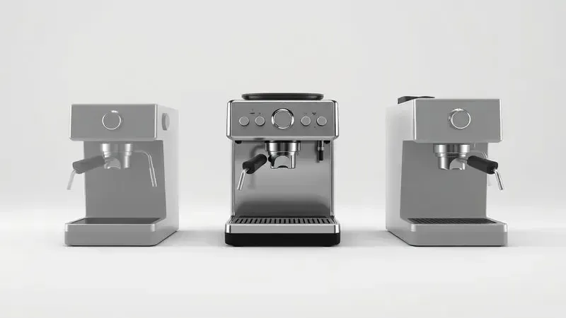 Ilustração conceitual comparando tamanhos e estilos de diferentes modelos de cafeteiras.