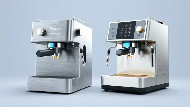 Comparação visual entre os modelos PrimaLatte Inox com acabamento metálico e PrimaLatte Touch com controle por toque
