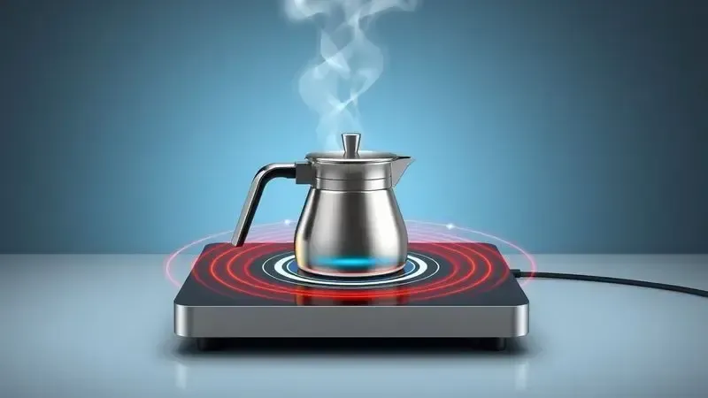 Ilustração 3D conceitual mostrando compatibilidade de cafeteira italiana com fogão de indução, linhas magnéticas visualizadas