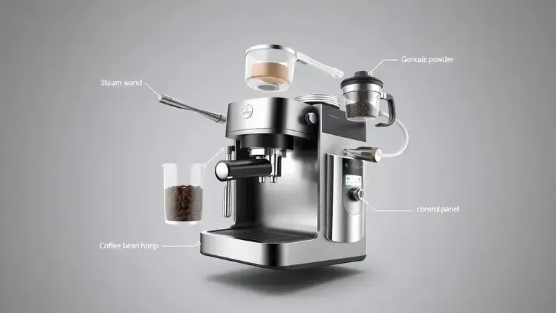 Ilustração 3D dos componentes principais de cafeteira multifuncional para cappuccino e chocolate quente