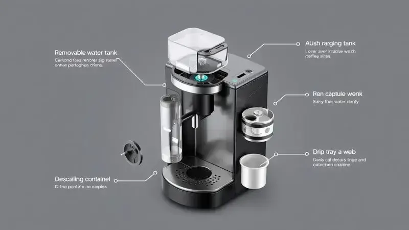 Diagrama ilustrativo dos componentes removíveis para limpeza e manutenção de cafeteira automática.