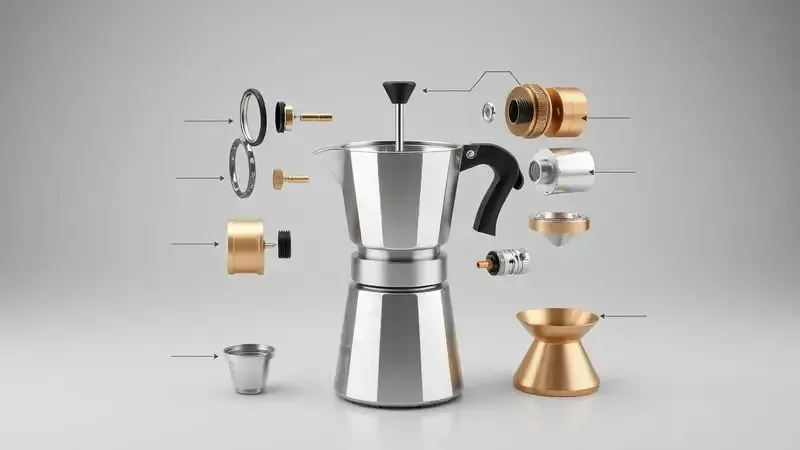 Diagrama conceitual em 3D mostrando os componentes substituíveis de uma cafeteira italiana