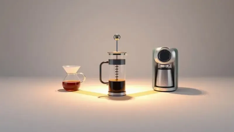 Cena conceitual de encruzilhada com três métodos diferentes de preparo de café representados de forma abstrata.